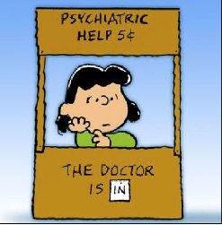 The Doctor is in wiith Lucy. A Charlie Brown cartoon